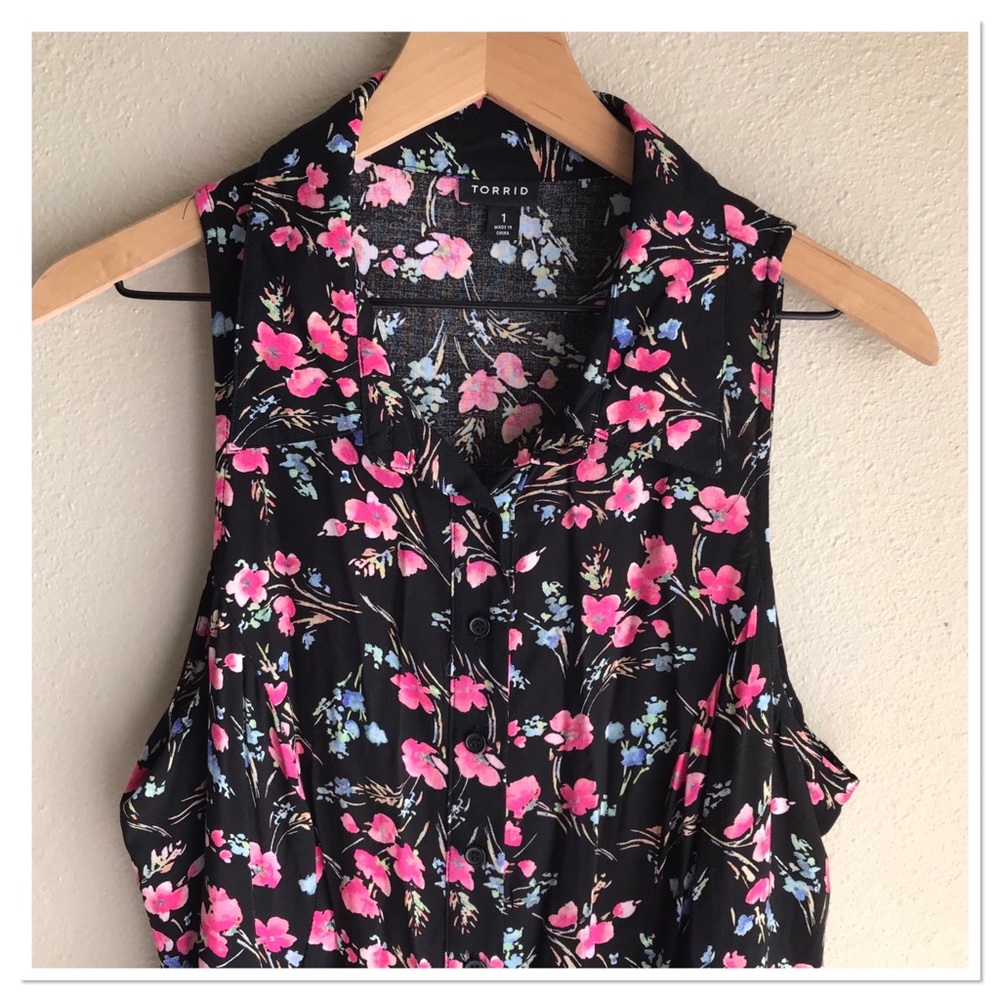 Torrid Button Challis Dress Sleeveless Button Front Floral Black Pink Size 1X - Picture 2 of 11
